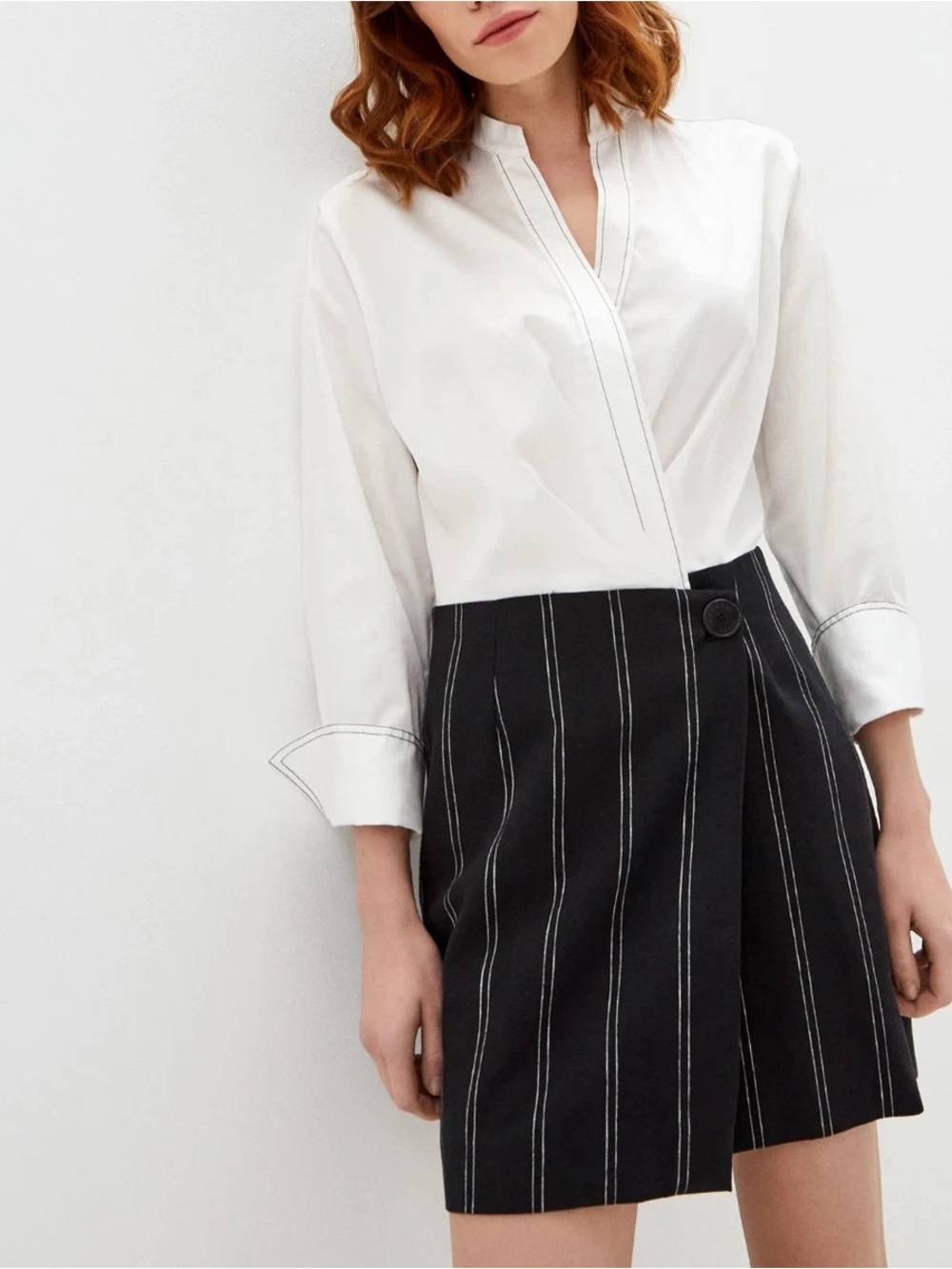 Sandro White Blouse with Black Pinstripe Mini Skirt